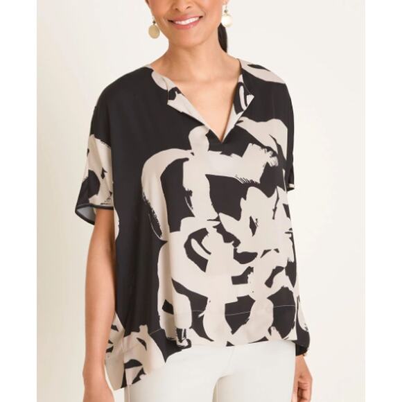 Chico's 0 Small Womens Black Cream Abstract Floral Split Neck Blouse Top - Picture 1 of 8